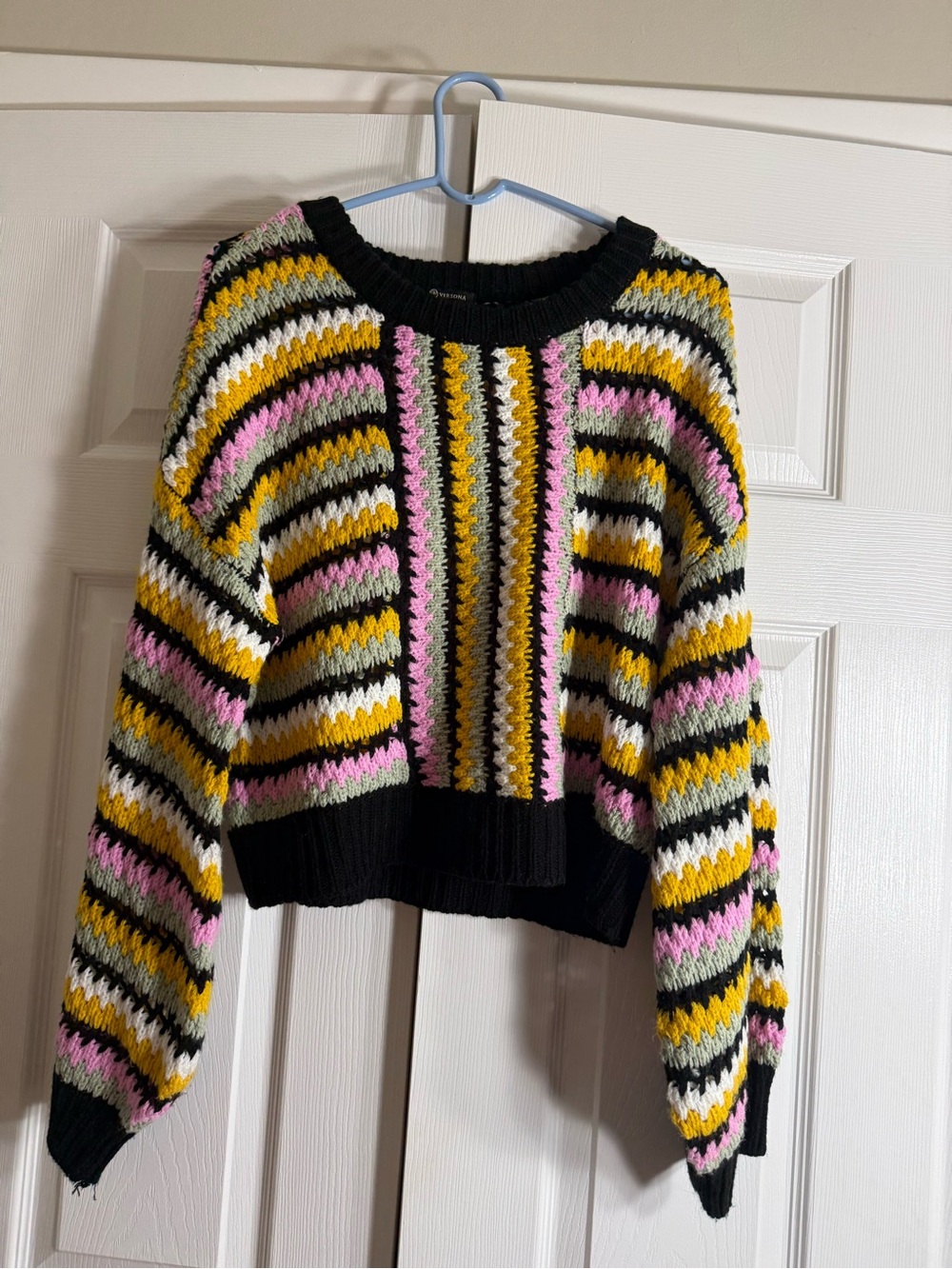 Versona Striped Cropped Knit Sweater - Black, Yellow, Pink, White & Green